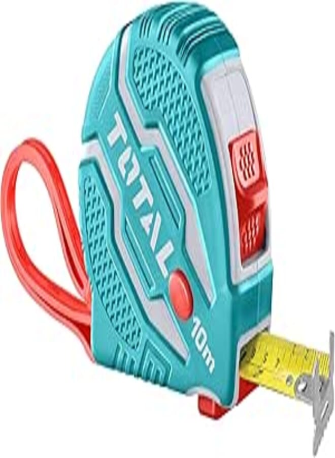 Total MR LIGHT Steel Measuring Tape 10 m x25 mm, Metric and Inches, 3 Stop Button Function, Rubber Cover